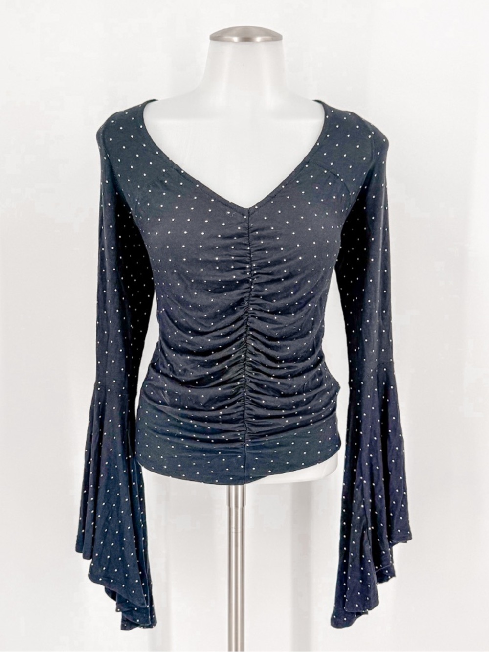Free People Black/White Polka Dot Ruched V-Neck Long Sleeve Top